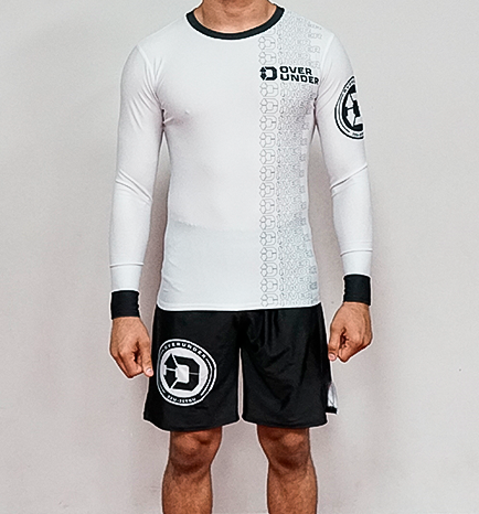 Rash Guard Long Sleeve White Overunder Pattern Classic (Grappling, No Gi Jiu Jitsu, MMA, Muay Thai)